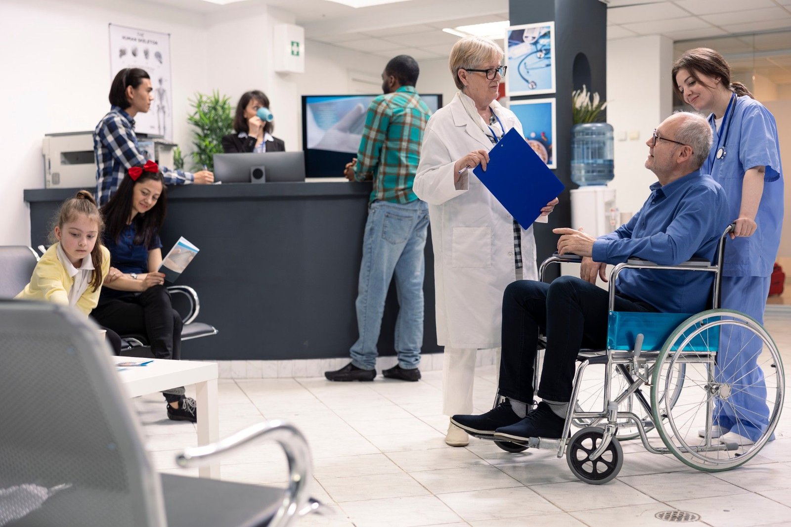 An older patient using a wheelchair talking with a doctor and a nurse in a hospital reception area